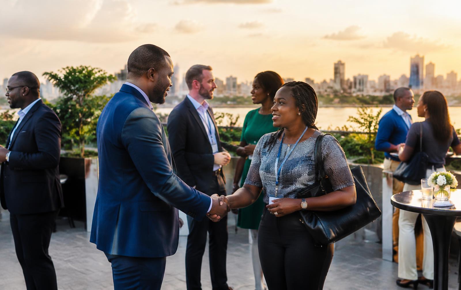 Founders and investors greeting each other on a rooftop in Abidjan at sunset
